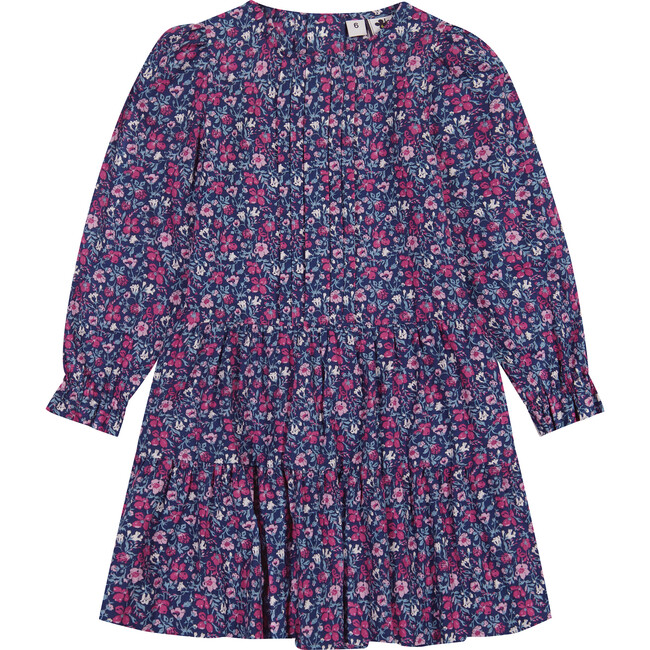 Poppy Floral Drop Waist Ruffle Cuff Sleeve Dress, Pink & Navy