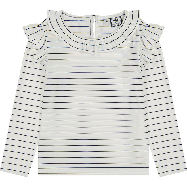 Luna Striped Ruffle Shoulder Long Sleeve A-Line Tee, White & Navy