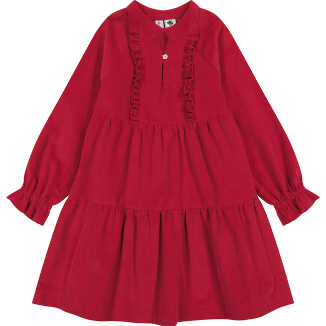 Isabelle Corduroy Ruffle Round Neck Elastic Cuff 2-Tiered Dress, Red