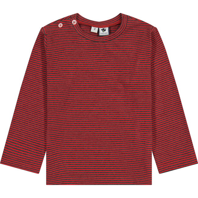 Henry Striped Button Shoulder Long Sleeve Tee, Red Charcoal