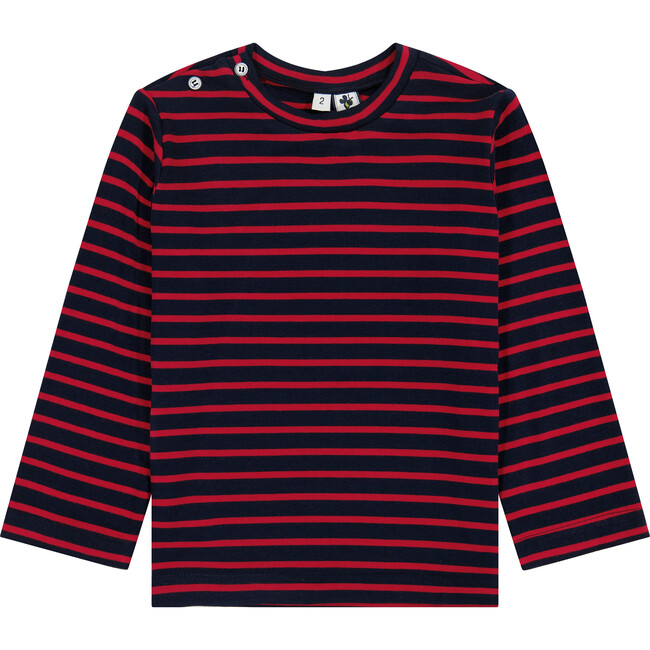 Henry Striped Button Shoulder Long Sleeve Tee, Navy & Red