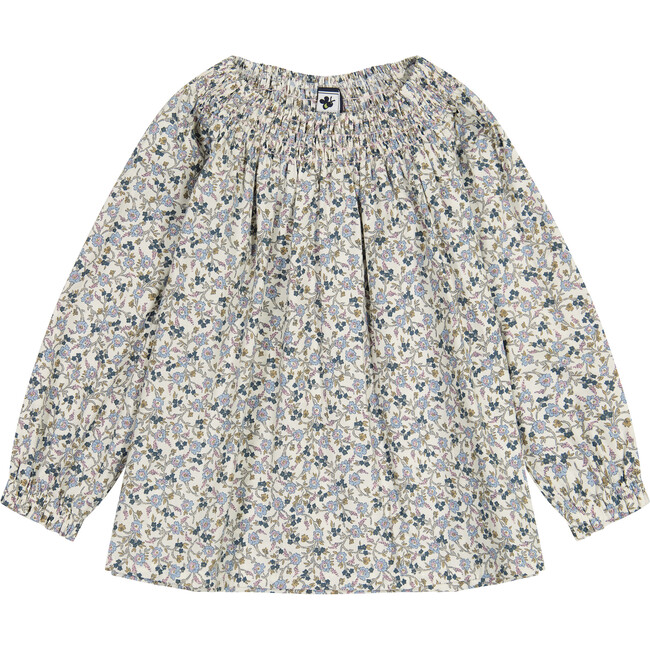 Georgina Floral Long Bubble Cuff Sleeve Smocked Top, Cream