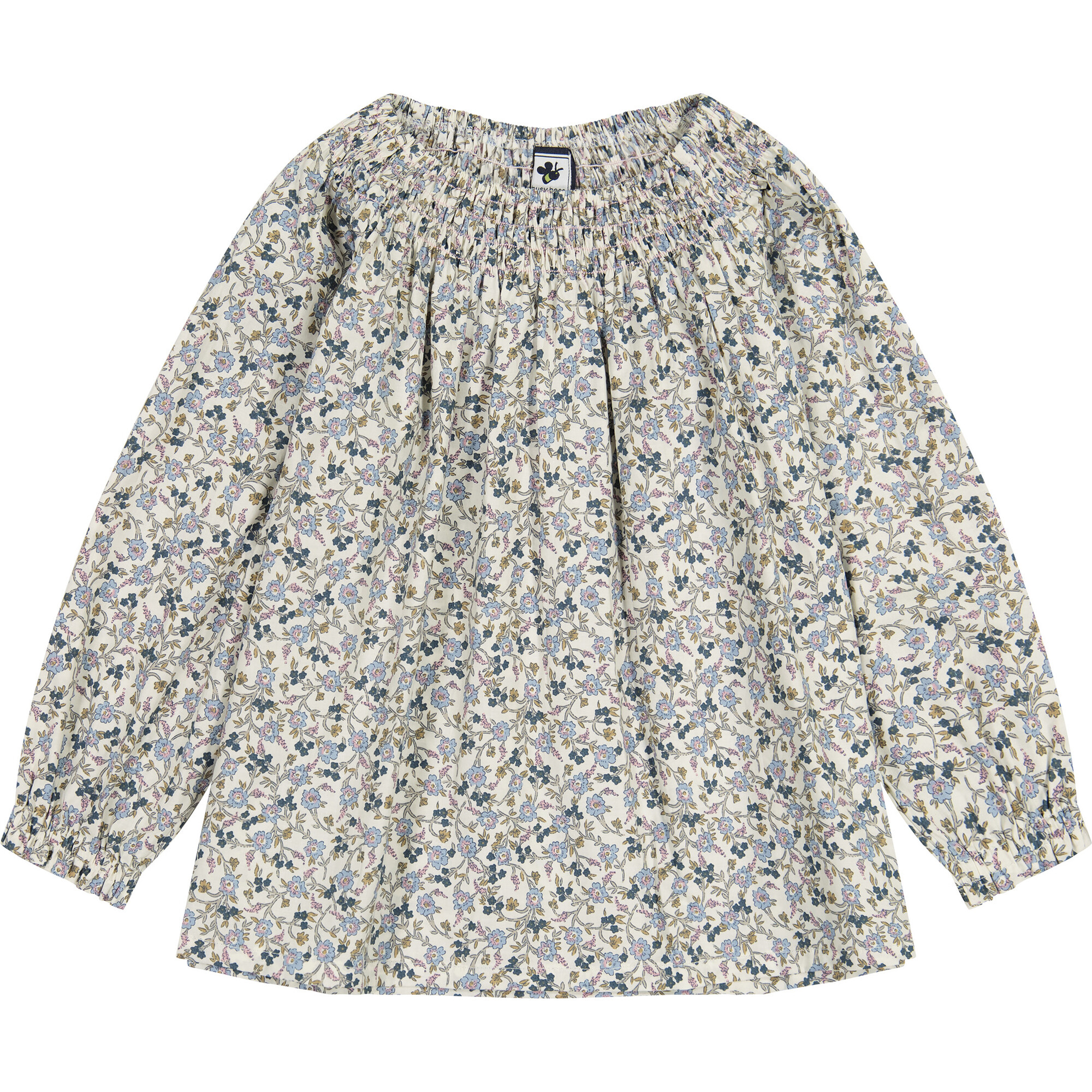 Georgina Floral Long Bubble Cuff Sleeve Smocked Top, Cream - Blouses - 1