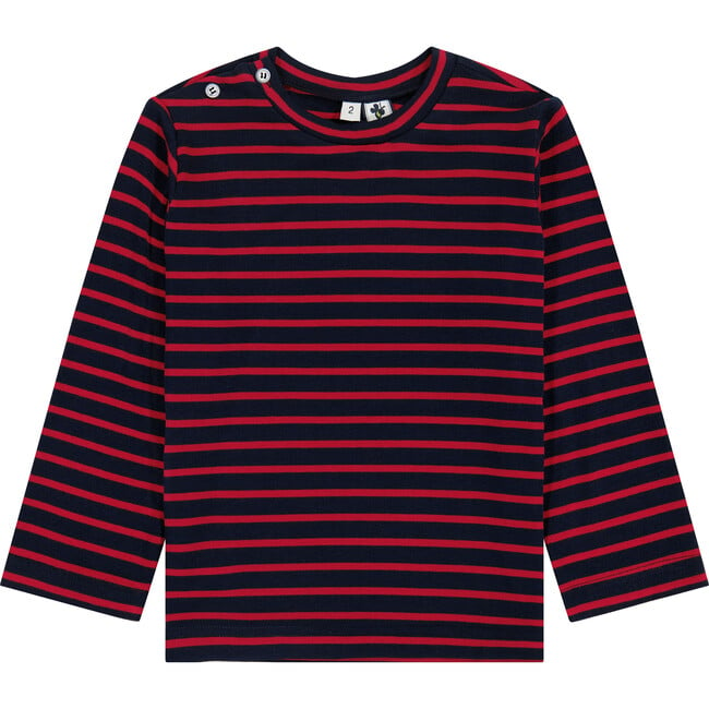 Henry Striped Button Shoulder Long Sleeve Tee, Navy & Red - T-Shirts - 2