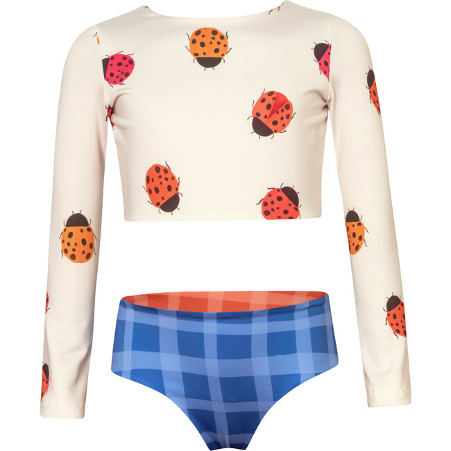 Sun Ladybugs Print Long Sleeve Top & Reversible Bottom Bikini, White