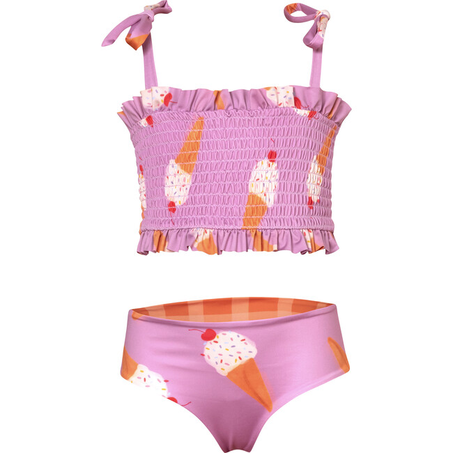 Waffle Ice Cream Print Ruched Top & Reversible Bottom Bikini, Lilac