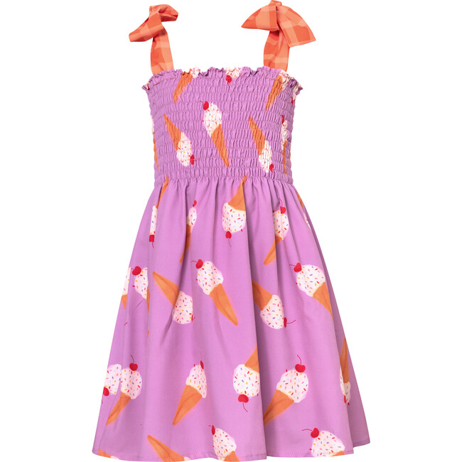 Waffle Ice Cream Print Smocked Top Short Dress, Lilac