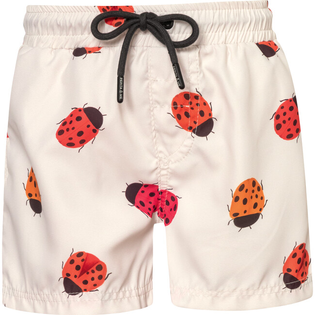 Ladybugs Print Elastic Waist Drawstring Swimshorts, White