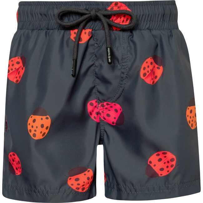 Ladybugs Print Elastic Waist Drawstring Swimshorts, Grey