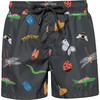 Insects Print Elastic Waist Drawstring Swimshorts, Grey - Swim Trunks - 1 - thumbnail