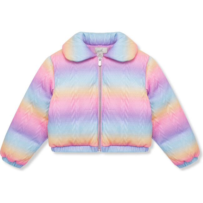 Plush Knit Peter Pan Collar Zip-Up Puffer Jacket, Rainbow