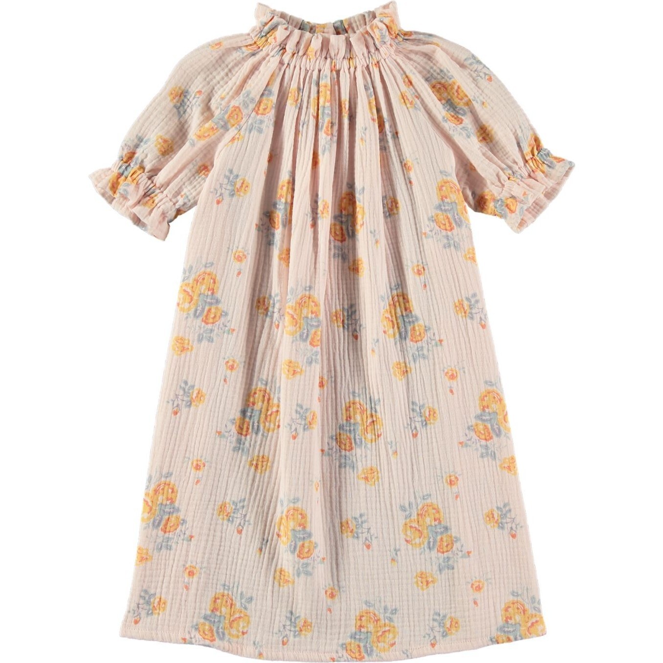 Exquise Giverny Floral Print Gathered Neck Balloon Sleeve Nightdress, Peach - Dresses - 1