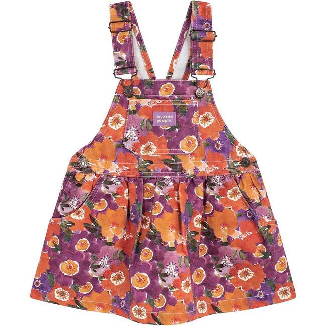 Penelope Floral Front Pocket Short Skirt Overalls, Orange & Purple