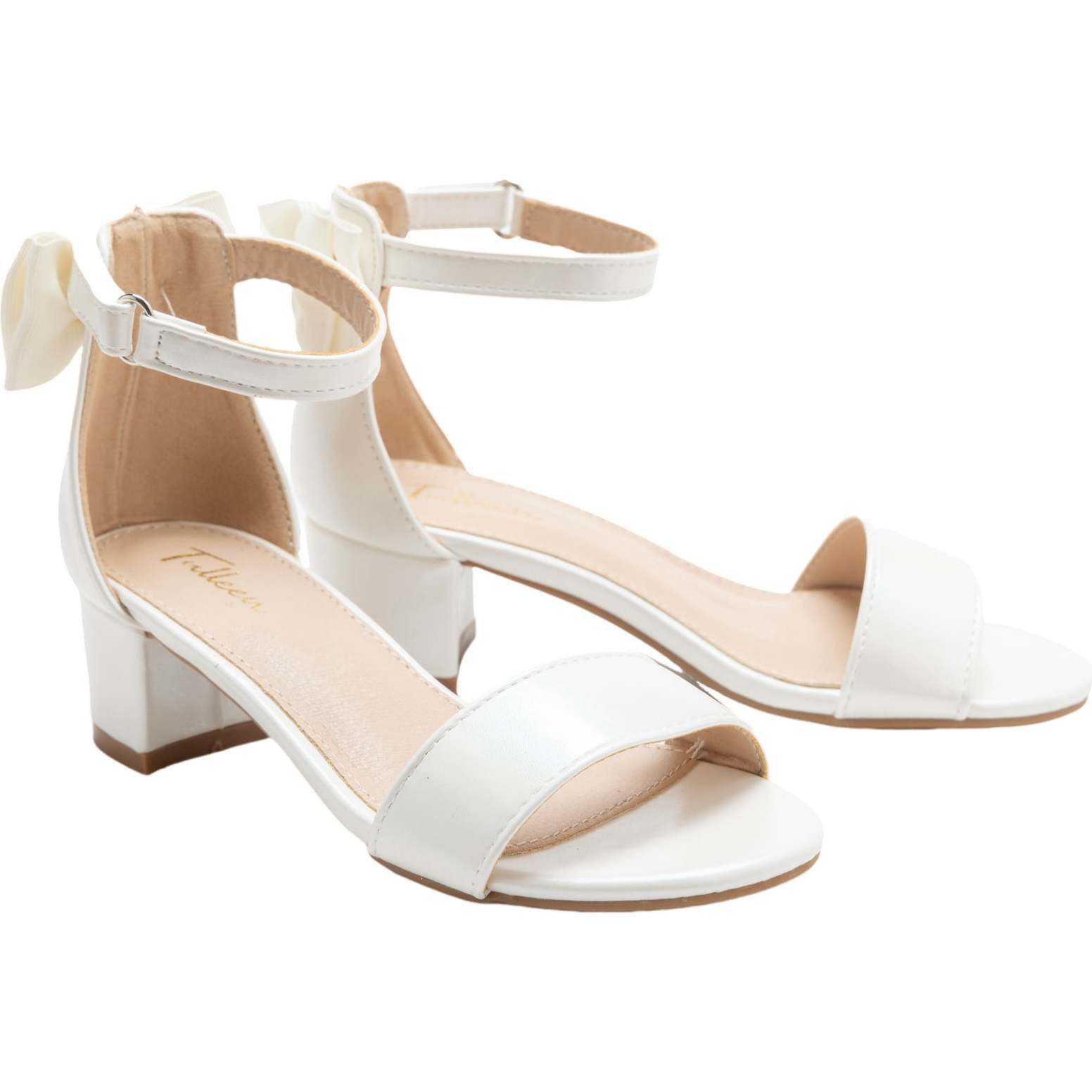 Satin Banded Block Heels, White - Sandals - 1