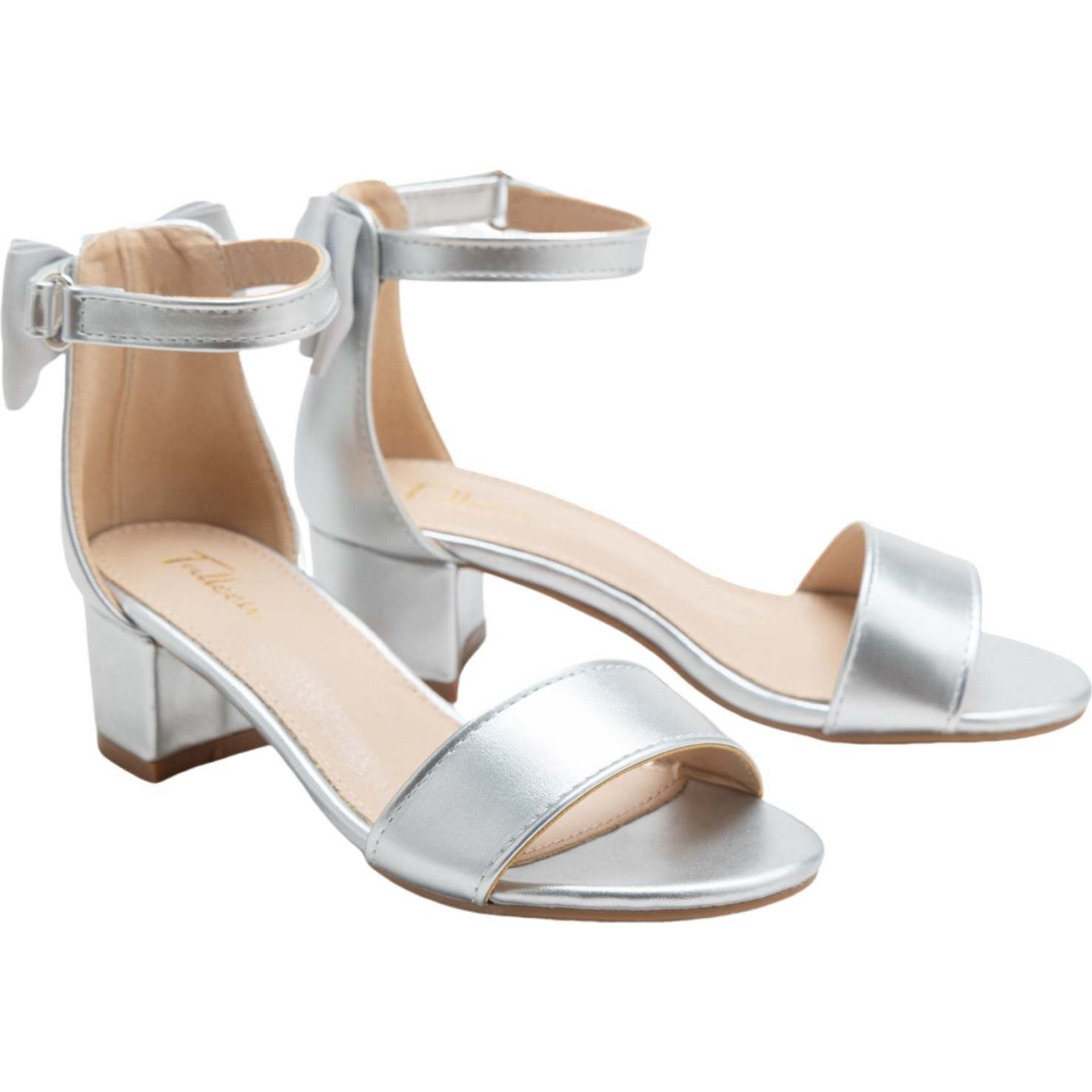 Satin Banded Block Heels, Silver - Sandals - 1