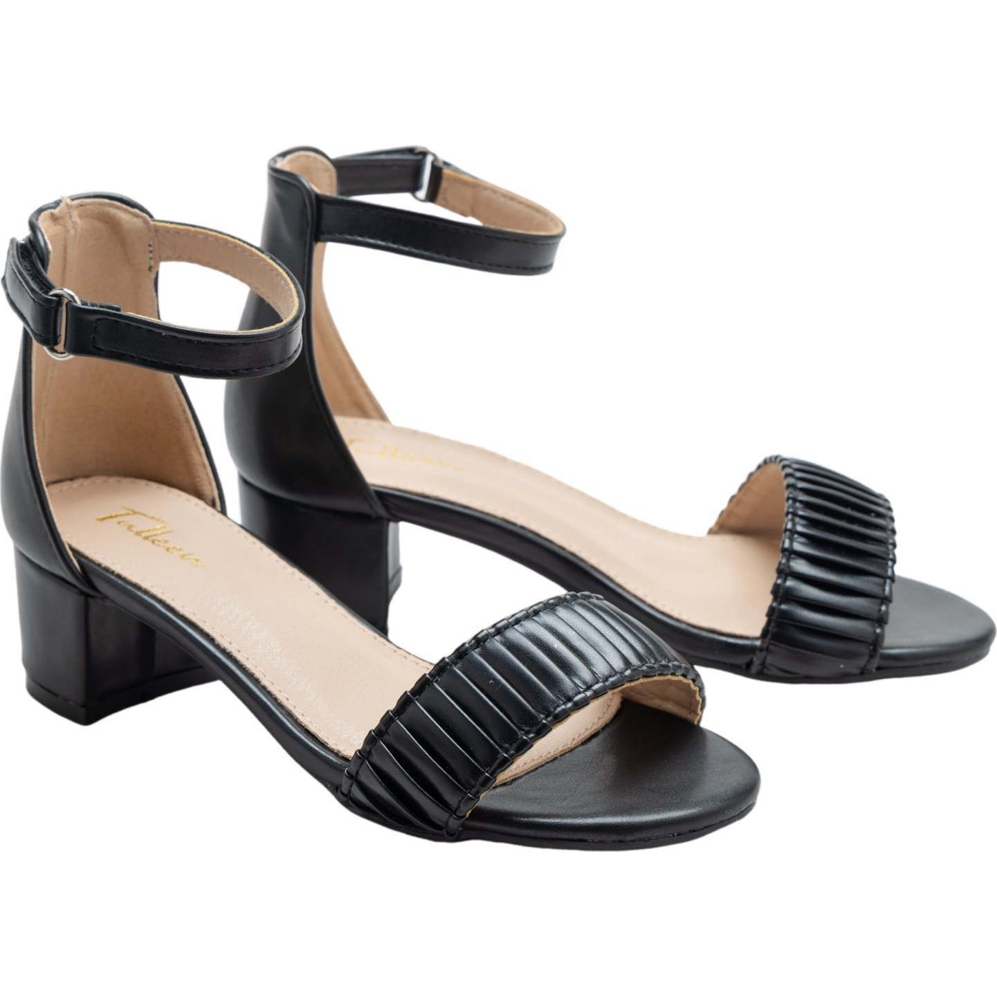 Pleated Lined Band Block Heels, Black - Sandals - 1