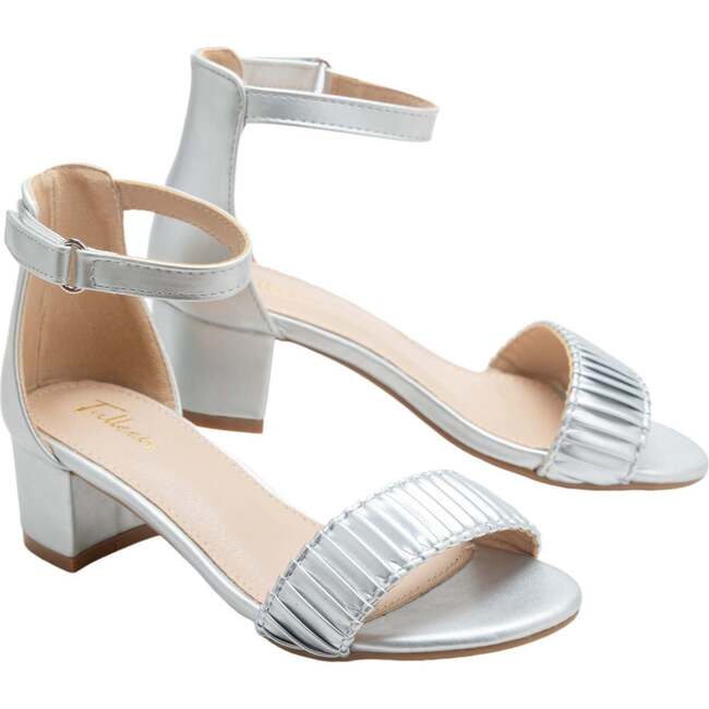 Pleated Lined Band Block Heels, Silver - Sandals - 3