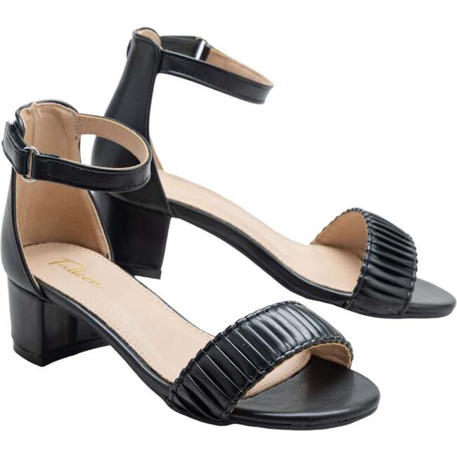 Pleated Lined Band Block Heels, Black - Sandals - 3