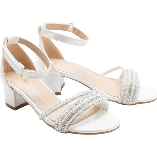 Diagonal Rhinestone Band Block Heels, White