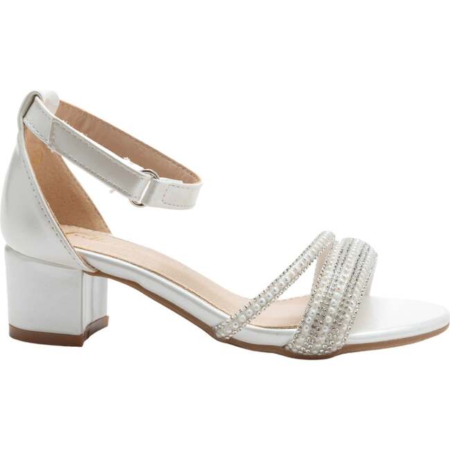 Diagonal Rhinestone Band Block Heels, White - Sandals - 2