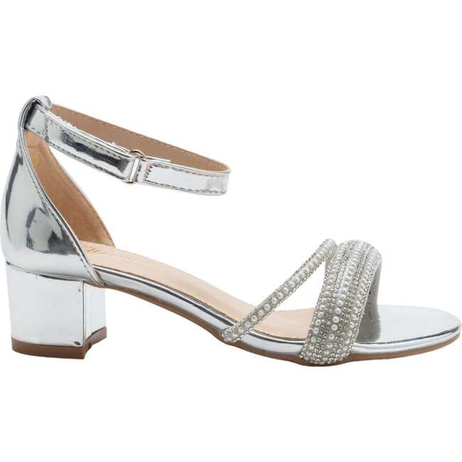 Diagonal Rhinestone Band Block Heels, Silver - Sandals - 2