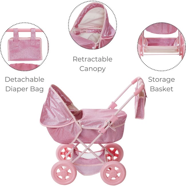 Olivia's Little World Baby Doll Bassinet Pram, Hot Pink - Doll Accessories - 3