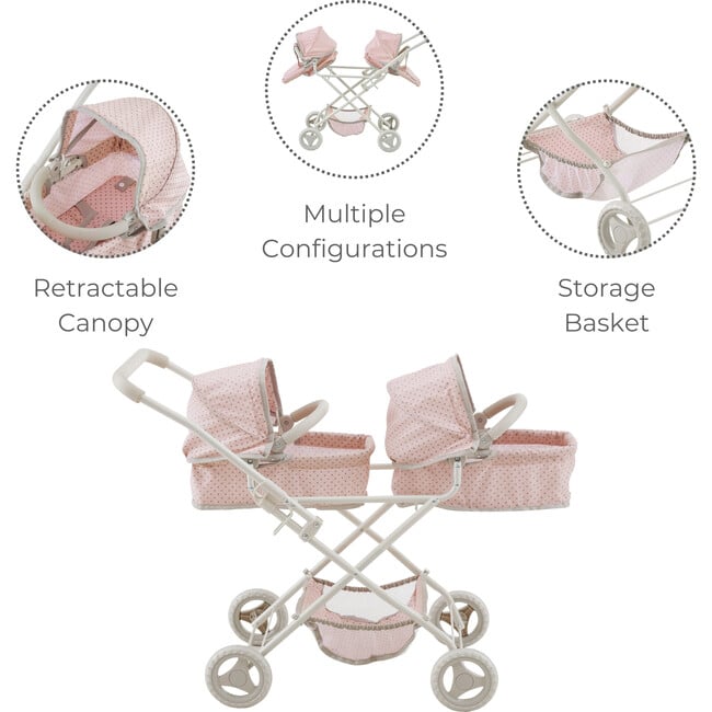 Olivia's Little World Doll Double Bassinet Stroller, Pink/Gray - Doll Accessories - 3