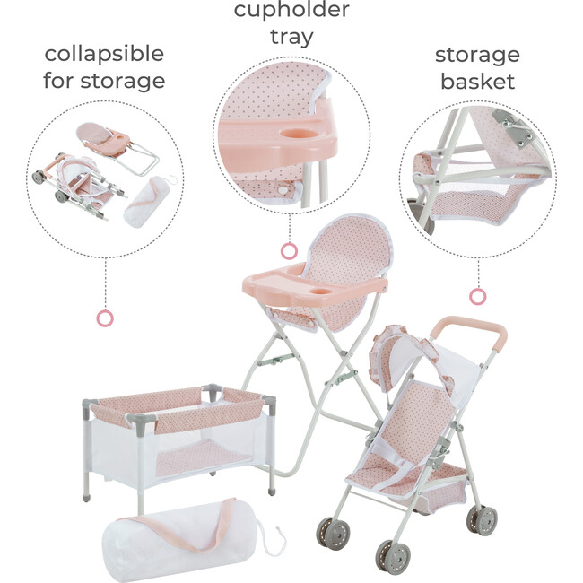 Olivia's Little World Baby Doll 3pc Nursery Set, Pink & Gray - Doll Accessories - 3