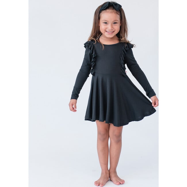 Long Sleeve Ruffle Twirl Dress, Jet Black - Dresses - 2