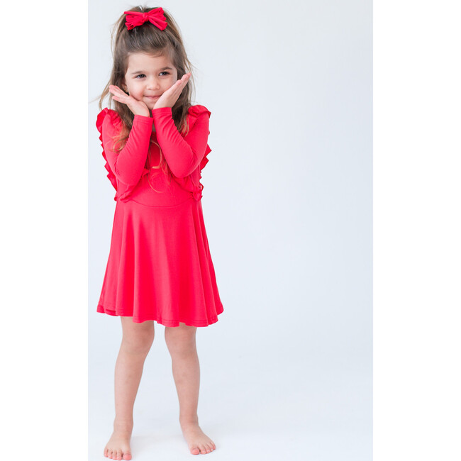 Long Sleeve Ruffle Twirl Dress, Fiery Red - Dresses - 2