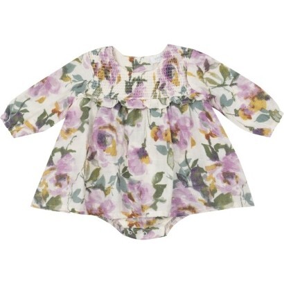 Watercolor Rose L/S Smocked Ruffle Bubble W/ Skirt, Purple