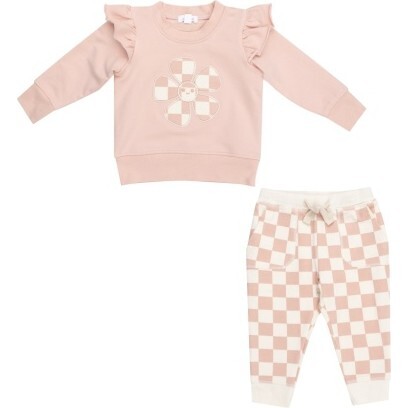 French Terry Checkerboard Pink Ruffle Patch Sweatshirt + Jogger, Pink