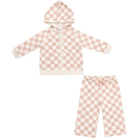 French Terry Checkerboard Pink Zip Hoodie + Wide Leg Pant, Pink