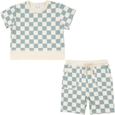 French Terry Checkerboard Gray Mist Crew Neck + Everyday Short Set, Gray