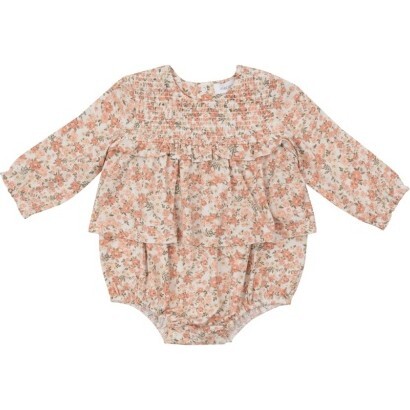 Sweet Rose Calico L/S Smocked Ruffle Bubble W/ Skirt, Pink