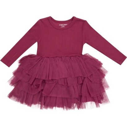 Ribbed Rose Bud  L/S Layered Tulle Dress, Burgundy