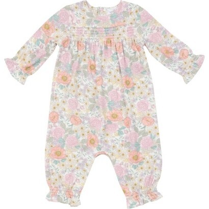 Peonies And Roses Smocked Romper, Ivory