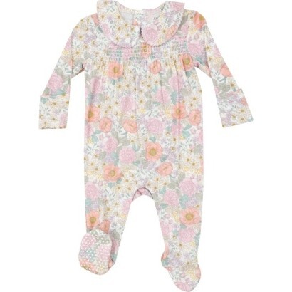 Peonies And Roses Smocked Peter Pan Footie, Ivory