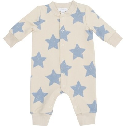 French Terry Sketchy Stars Blue Baseball Collar Romper, Ivory