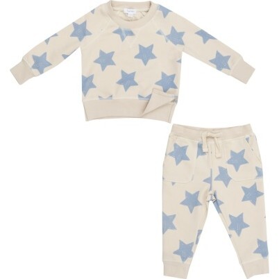 French Terry Sketchy Stars Blue Raglan Sweatshirt And Jogger Set, Ivory