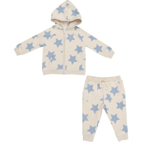 French Terry Sketchy Stars Blue Hoodie And Jogger, Ivory