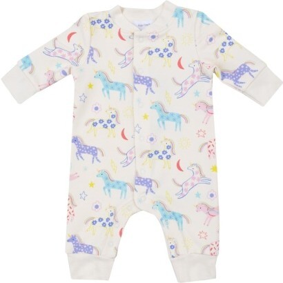 French Terry Fun Unicorns Baseball Collar Romper, Ivory