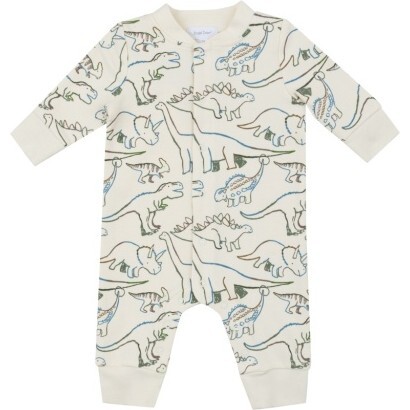 French Terry Artsy Dinos Baseball Collar Romper, Green