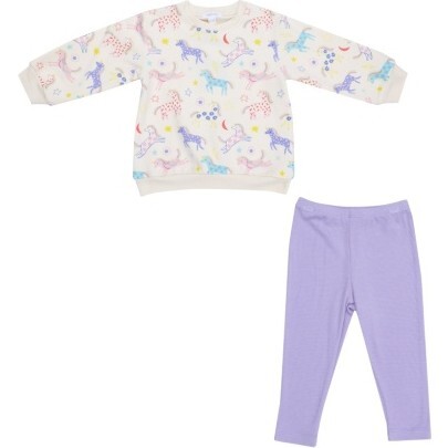 French Terry Fun Unicorns Puffy Oversized Sweatshirt And Rib Legging, Ivory