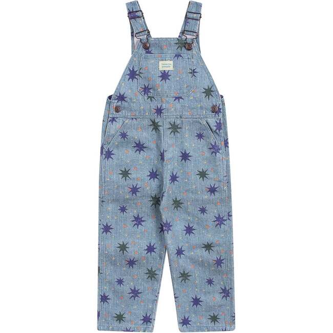 Benjamin Denim Star Print Front Pocket Long Overalls, Blue