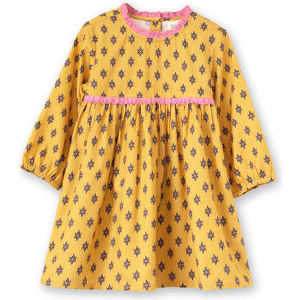 Toddler All-Over Print Lace Trim Long Sleeve Dress, Yellow & Pink