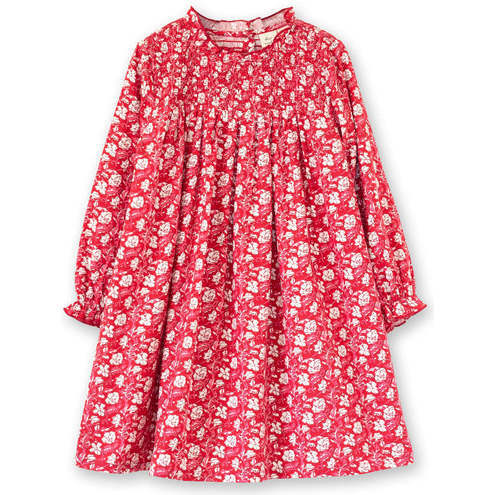 Girls Floral Print Smocked Long Sleeve Dress, Red & White