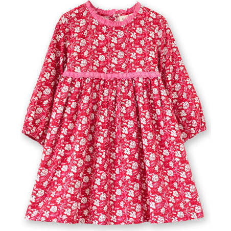 Toddler Floral Print Lace Trim Long Sleeve Dress, Red & White