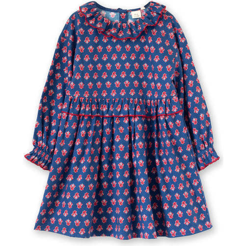 Girls All-Over Print Ruffle Collar Long Sleeve Dress, Red & Navy