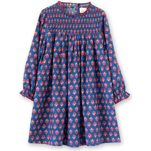 Girls All-Over Print Smocked Long Sleeve Dress, Red & Navy